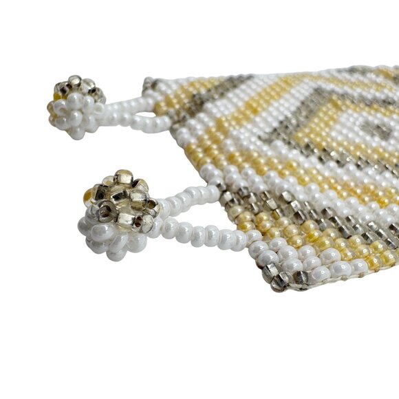 Handmade Mayan Beaded Bracelet Geometric Gold White Pattern Adjustable Closure - Picture 8 of 9